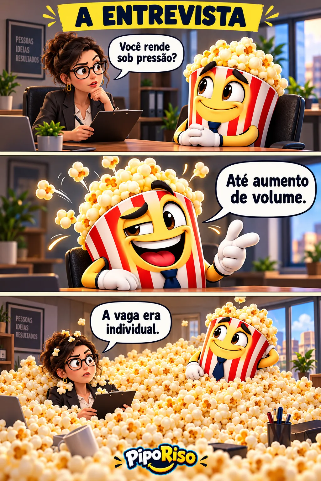 Tirinha em três quadros. Pipoca afirma que rende sob pressão e acaba enchendo a sala de entrevista de pipoca.