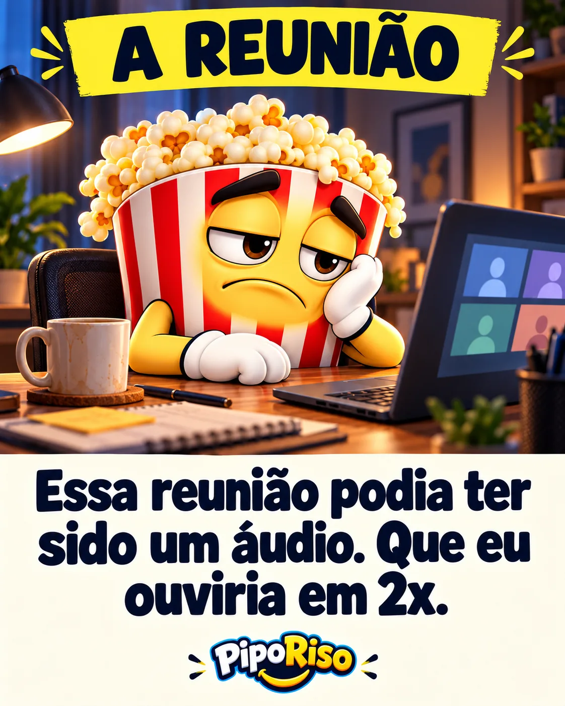 Pipoca cansado diante de uma videochamada. Texto: “Essa reunião podia ter sido um áudio. Que eu ouviria em 2x.”