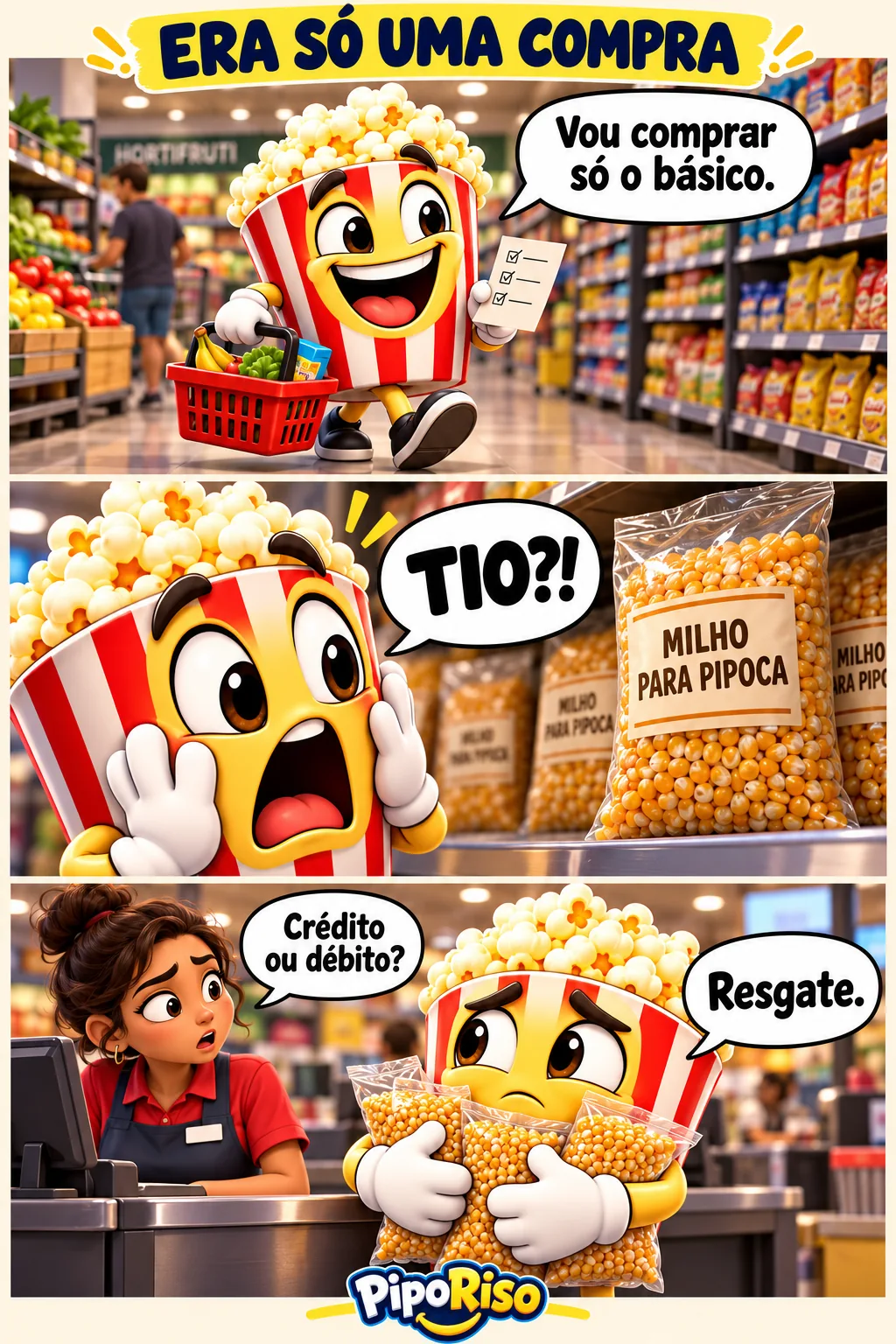 Tirinha em três quadros. Pipoca vai ao mercado e confunde um pacote de milho para pipoca com um parente.