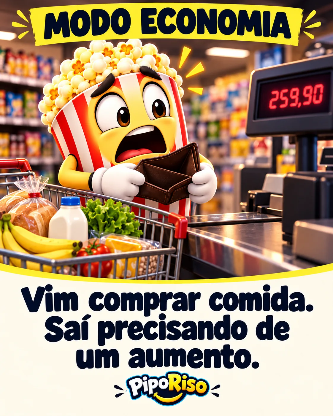 Pipoca olha assustado para a carteira vazia no mercado. Texto: “Vim comprar comida. Saí precisando de um aumento.”