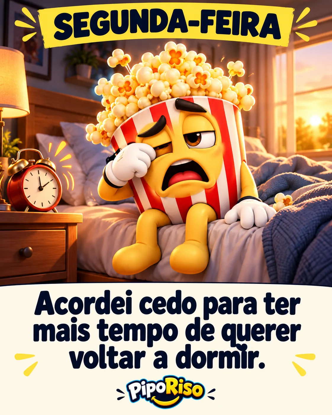 Pipoca sonolento na cama, ao lado do despertador. Texto: “Acordei cedo para ter mais tempo de querer voltar a dormir.”